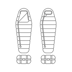 Sleeping bag spread out and ready to use. Packed in a roll and compressed by the bag. Vector illustration outline, isolated on white background.