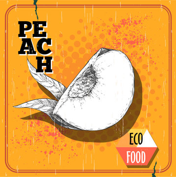 Hand drawn sketch style quarter of peach fruit with leaf. Vintage eco food vector poster. Yellow halftone background.