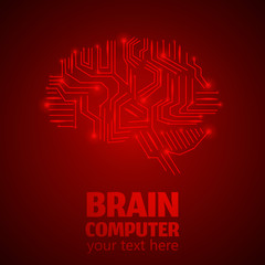 Human Brain Logo in form of Electronic brain computer,Neurology Conception.Silicon chips in form of Cerebrum and Cerebellum with mind thoughts shines,text Brain Computer on red luminous background