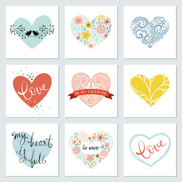 Big beautiful cards set with hearts shapes, banner, birds, flowers and typographic design. Vector illustration.