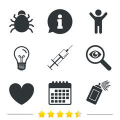 Bug and vaccine signs. Heart, spray can icons.