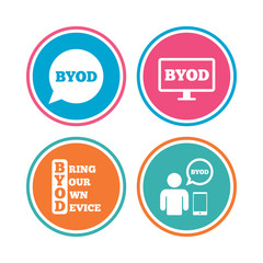 BYOD signs. Human with notebook and smartphone.