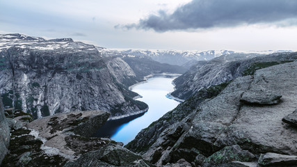 Ringedalsvatnet lake in Norway. Scene of white nigth fenomenon on north part of planet. 
Amazing summer landscape of Norwegian travel destination Trolltunga, Norway, Odda. Horizontal crop factor 16:9