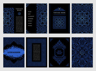Eastern blue arabic vector lines design templates. Muslim floral frame for card and postcard