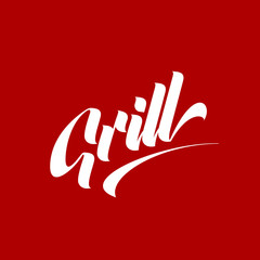 Obraz premium Hand lettering grill logo design concept on red background. Web infographic barbecue menu pictogram. Premium quality modern calligraphy restaurant vector emblem illustration.