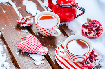Vintage Heart, Hot Cup of Tea on the Snow, Red Teapot