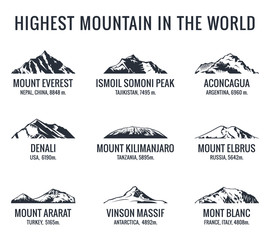 Mountain tourist vector logos set. Posters adventures outdoors. Icons of the world highest mountains - obrazy, fototapety, plakaty