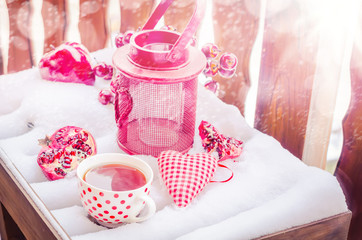 Vintage Candle Lamp with Heart, Hot Cup of Tea on the Snow