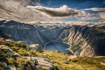 Fototapeta premium View on the lake from the road Trolltunga Ringedalsvatnet