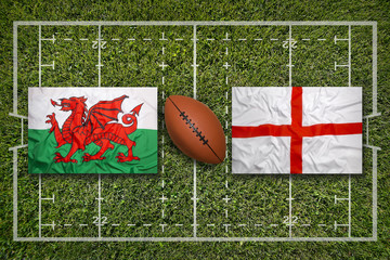 Wales vs. England flags on rugby field