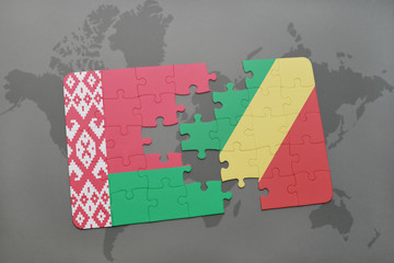 Fototapeta na wymiar puzzle with the national flag of belarus and republic of the congo on a world map