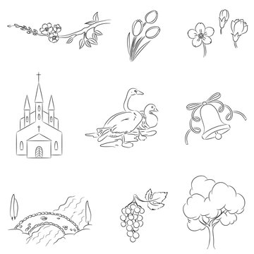 Village icons set. Hand drawn isolated over white.
