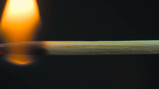 Burning wooden stick, toothpick. Black background. Extreme macro shot