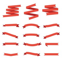 Paper banners ribbons in origami style. Set of banner red ribbon templates for decoration and advertisement. White background. Vector illustration