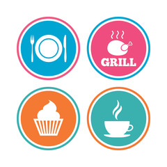 Food icons. Muffin cupcake symbol. Fork, knife.