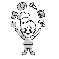 happy child with healthy eating related icons image grey and white vector illustration design 