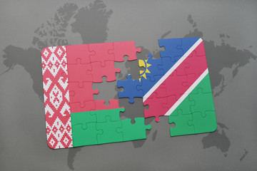 Fototapeta na wymiar puzzle with the national flag of belarus and namibia on a world map