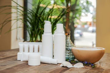 SPA composition. Set of copyspace cosmetic bpttles and tubes.