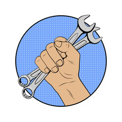 Wrench in hand logo in comic style
