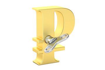 Golden Ruble symbol with wind-up key, 3D rendering