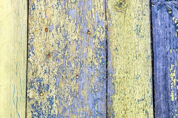 Old wood plank. Gloomy wooden rustic background, peeling old yellow paint