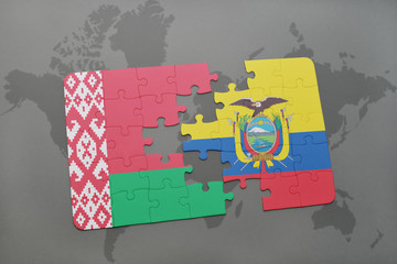 puzzle with the national flag of belarus and ecuador on a world map