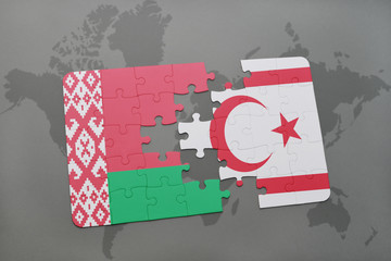 Fototapeta na wymiar puzzle with the national flag of belarus and northern cyprus on a world map