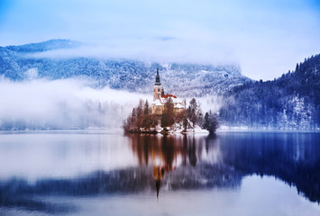 Lake Bled in winter, Bled, Slovenia, Europe.