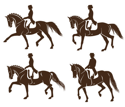 4 detailed silhouettes of horses with rider performing dressage