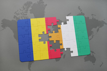 puzzle with the national flag of romania and cote divoire on a world map