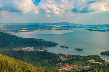 Panoramic view of blue sky, sea and mountain seen from Cable Car viewpoint, Langkawi Island, Malaysia.
