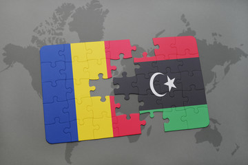 puzzle with the national flag of romania and libya on a world map