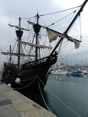 Old ship at Barcelona Yacht Club, Marina view