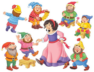 The Snow White and seven dwarfs. Fairy tale. Coloring page. Cute and funny cartoon characters.