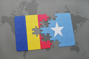 puzzle with the national flag of romania and somalia on a world map
