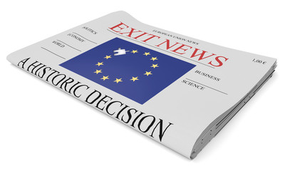 EU Politics News Concept: Newspaper Front Page Exit, 3d illustration on white background