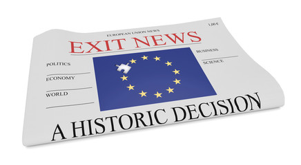 EU Politics News Concept: Newspaper Front Page Exit, 3d illustration on white background