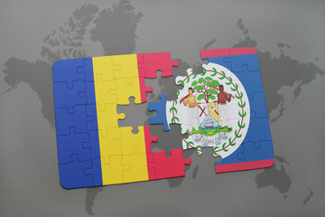 puzzle with the national flag of romania and belize on a world map