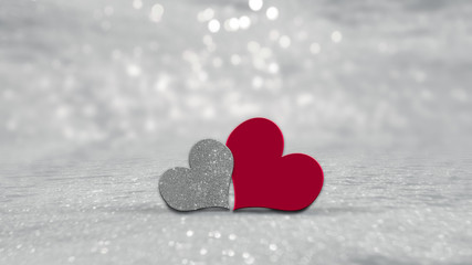 Valentines Day hearts - two hearts, red and silver glitter on shiny, sparkle Background with blurry, bokeh lights