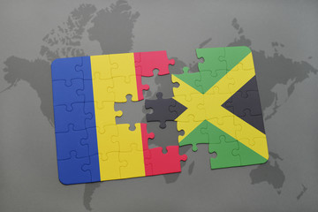 puzzle with the national flag of romania and jamaica on a world map