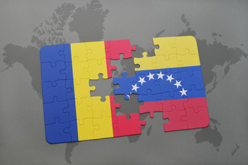 puzzle with the national flag of romania and venezuela on a world map