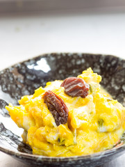 Japanese cuisine, pasted pumpkin and raisins