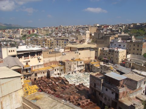 View above North Africa largest Tannery in Fez Morocco