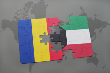 puzzle with the national flag of romania and kuwait on a world map
