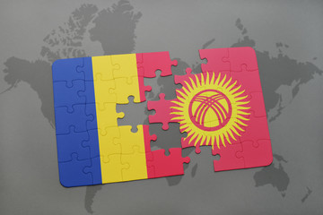 puzzle with the national flag of romania and kyrgyzstan on a world map