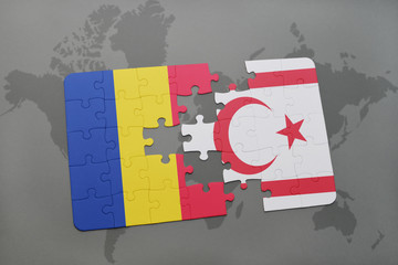 puzzle with the national flag of romania and northern cyprus on a world map