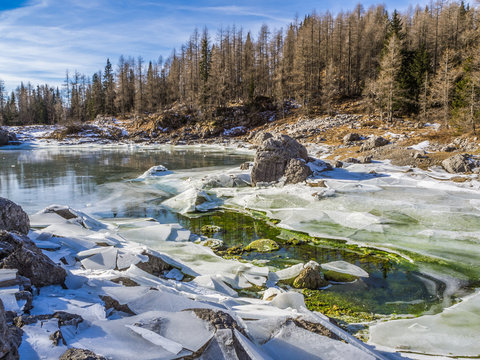 Triglav double lake with larches in winter, Slovenia