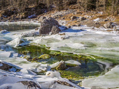Triglav double lake with larches in winter, Slovenia