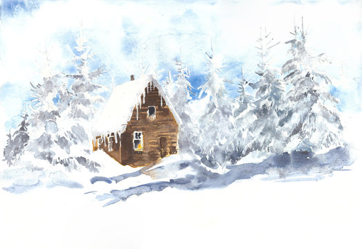 Winter landscape with wooden cabin pines watercolor painting illustration christmas greeting card