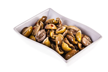 green olives bowl on white